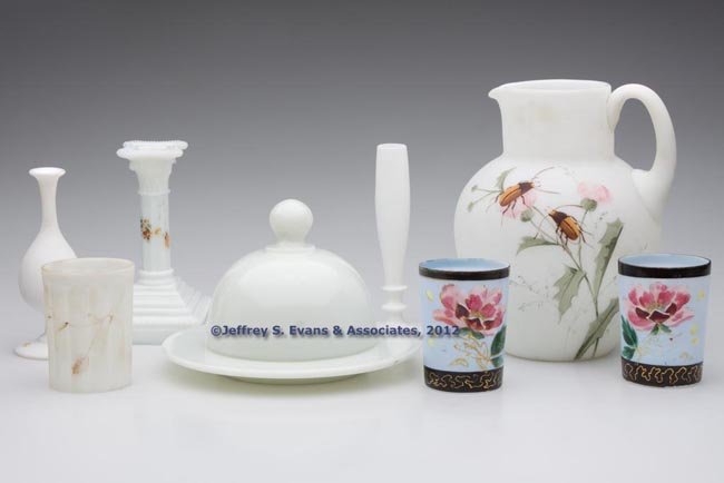 VICTORIAN OPAQUE WHITE GLASS ARTICLES, LOT OF EIGH: VICTORIAN OPAQUE WHITE GLASS ARTICLES, LOT OF EIGHT, five with polychrome decoration, including two NEGC vases with roughed pontil marks, a water pitcher with applied handle, polished pontil mark, and