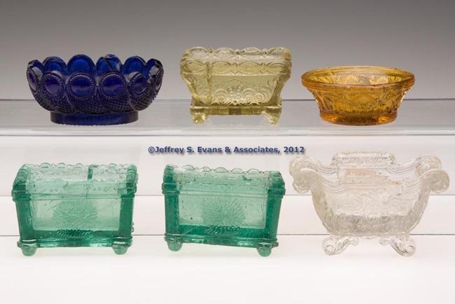ASSORTED LACY PRESSED SALTS, LOT OF SIX: ASSORTED LACY PRESSED SALTS, LOT OF SIX, various colors and colorless. 1835-1850. Various sizes. Provenance: Collection of George Kahnle and Richard LaBarge, Victory Mills, NY.