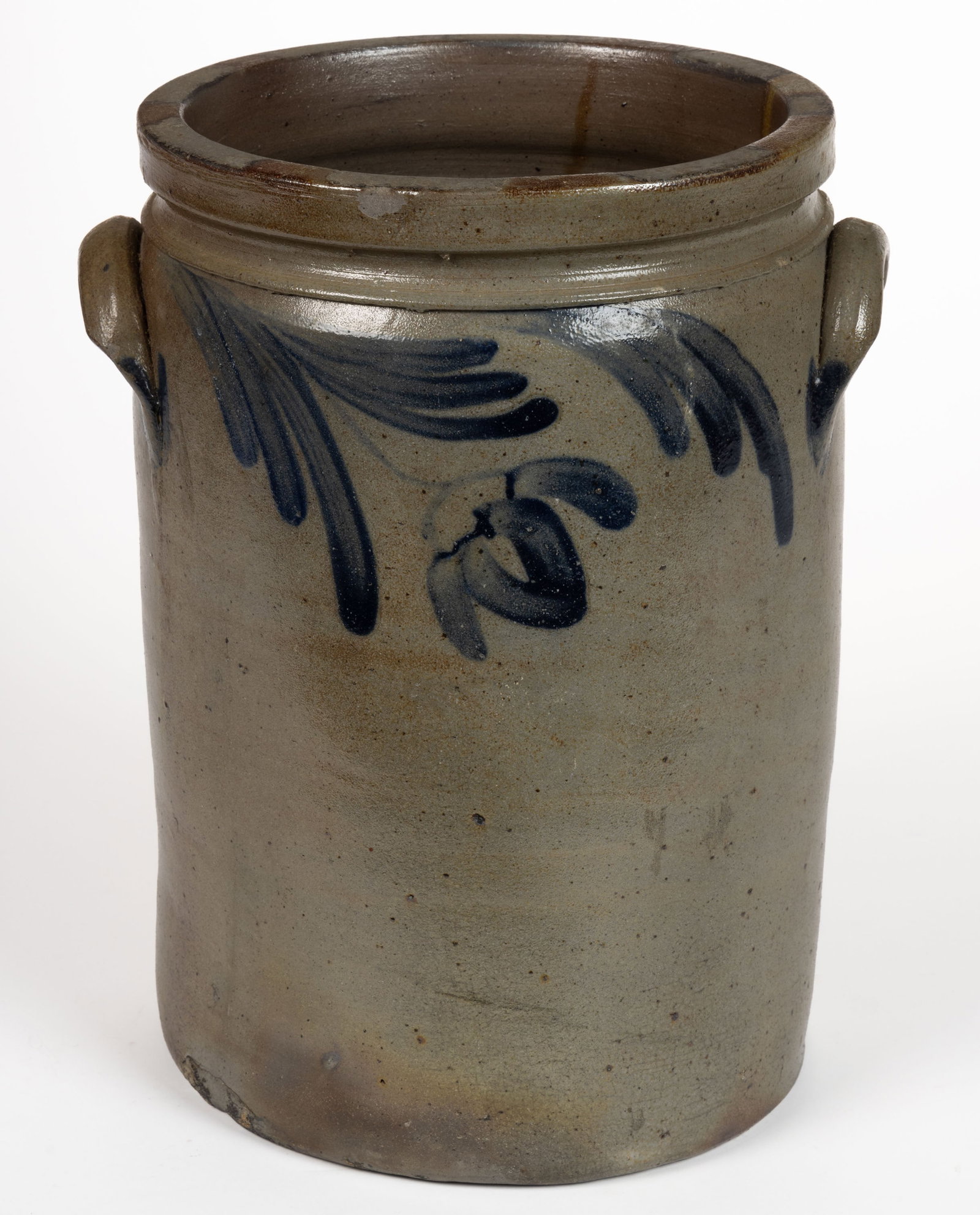 MAULDEN PERINE ATTRIBUTED, BALTIMORE, MARYLAND DECORATED STONEWARE JAR: MAULDEN PERINE ATTRIBUTED, BALTIMORE, MARYLAND DECORATED STONEWARE JAR, salt-glazed, "4" gallon capacity mark, cylindrical form with squared rim, beaded neck ring, and applied arched handles