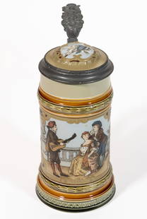 GERMAN METTLACH GUITAR PLAYER CERAMIC STEIN: GERMAN METTLACH GUITAR PLAYER CERAMIC STEIN, mold number 2285, having etched sides with polychrome hand-painted decorations featuring scene with a young man playing a guitar or lute to an admirin