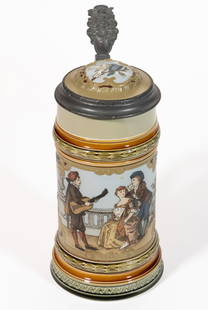 GERMAN METTLACH GUITAR PLAYER CERAMIC STEIN: GERMAN METTLACH GUITAR PLAYER CERAMIC STEIN, mold number 2285, having etched sides with polychrome hand-painted decorations featuring scene with a young man playing a guitar or lute to an