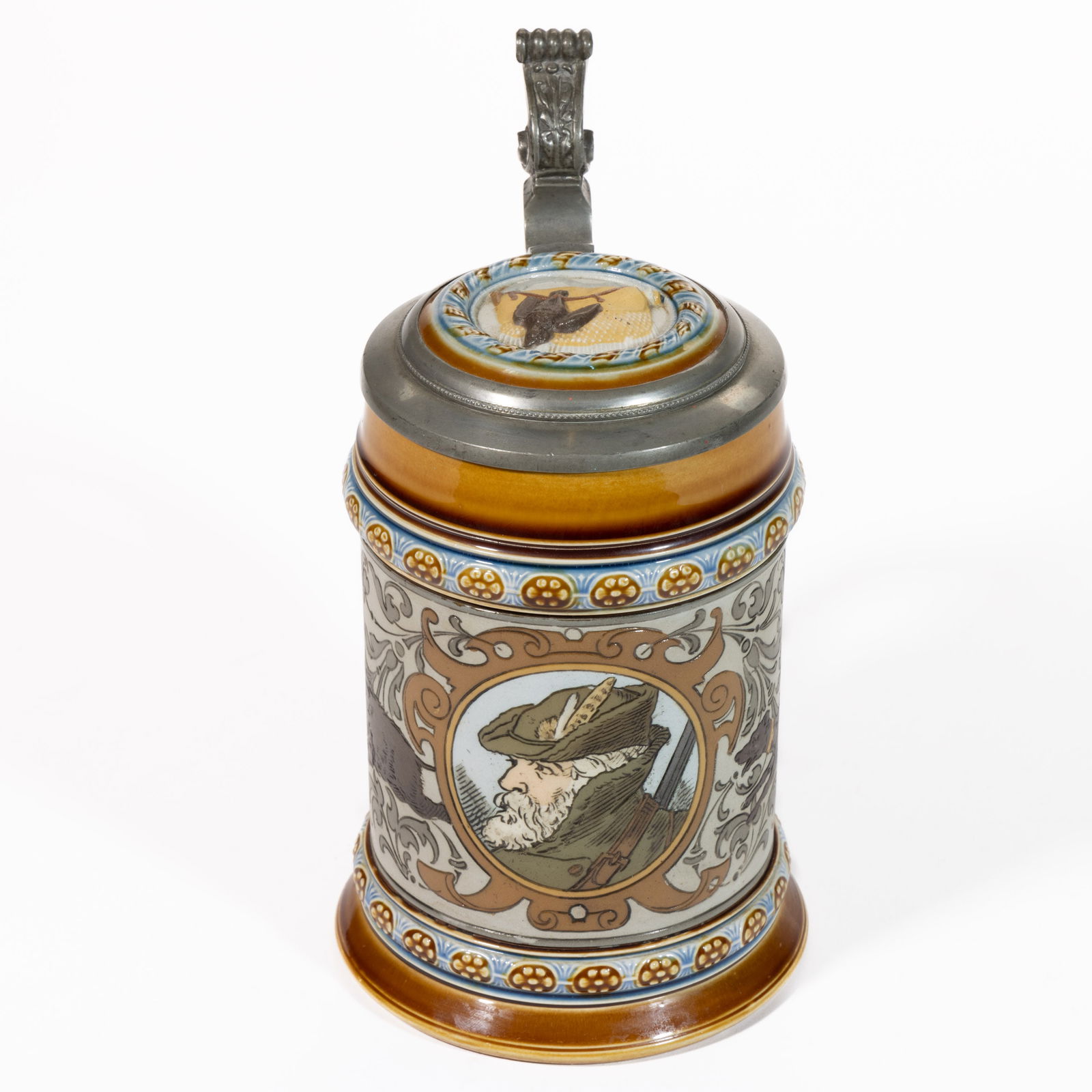 GERMAN METTLACH HUNTER CERAMIC STEIN (1 of 4)