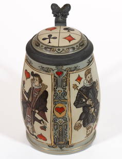 GERMAN METTLACH CARD MOTIF CERAMIC STEIN: GERMAN METTLACH CARD MOTIF CERAMIC STEIN, mold number 2093, barrel-form having etched sides with polychrome hand-painted decorations featuring mirrored figures representing a spade, a heart, a