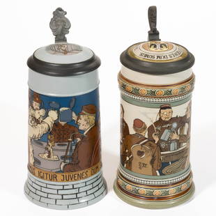 GERMAN METTLACH DRINKING MEN MOTIF CERAMIC STEINS, LOT OF TWO: GERMAN METTLACH DRINKING MEN MOTIF CERAMIC STEINS, LOT OF TWO, mold numbers 2051 and 2833, each having etched sides with polychrome hand-painted decorations depicting men sitting around a