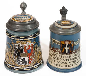 GERMAN METTLACH GERMAN CITIES CERAMIC STEINS, LOT OF TWO: GERMAN METTLACH GERMAN CITIES CERAMIC STEINS, LOT OF TWO, mold numbers 2002 and 2024, each having etched sides with polychrome hand-painted decorations, ceramic inset lids, and metal