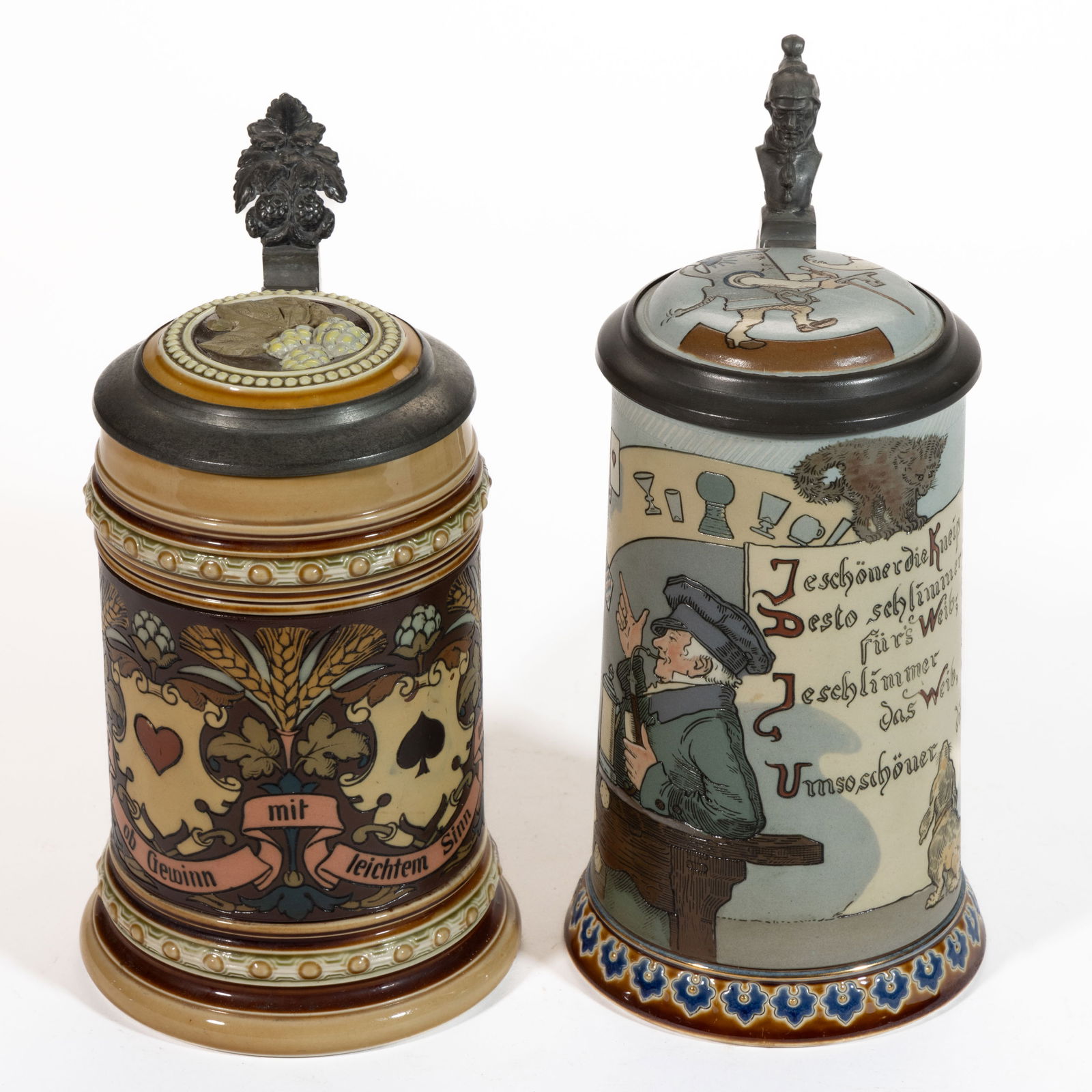 GERMAN METTLACH CARD / GAMBLING MOTIF CERAMIC STEINS, LOT OF TWO (1 of 4)
