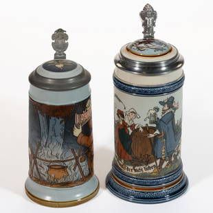 GERMAN METTLACH DRINKING MOTIF CERAMIC STEINS, LOT OF TWO: GERMAN METTLACH DRINKING MOTIF CERAMIC STEINS, LOT OF TWO, mold numbers 2230 and 2922, each having etched sides with polychrome hand-painted decorations, ceramic inset lids, and metal