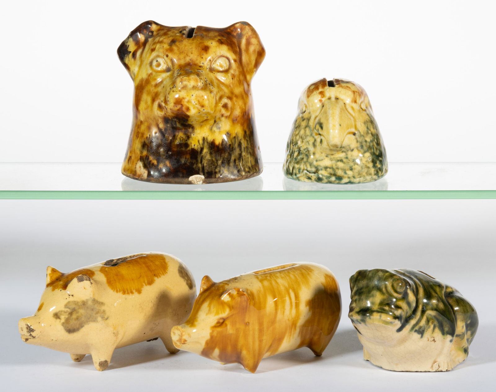 ROSEVILLE ART POTTERY FIGURAL MONEY BANKS, LOT OF FIVE (1 of 2)