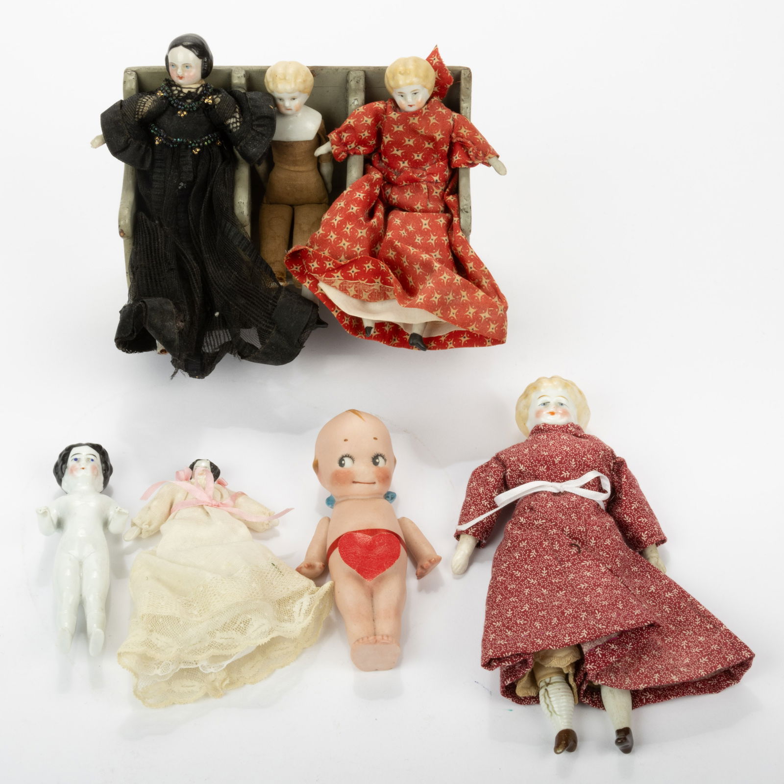 ASSORTED CHINA AND BISQUE SMALL DOLLS, LOT OF SEVEN (1 of 2)