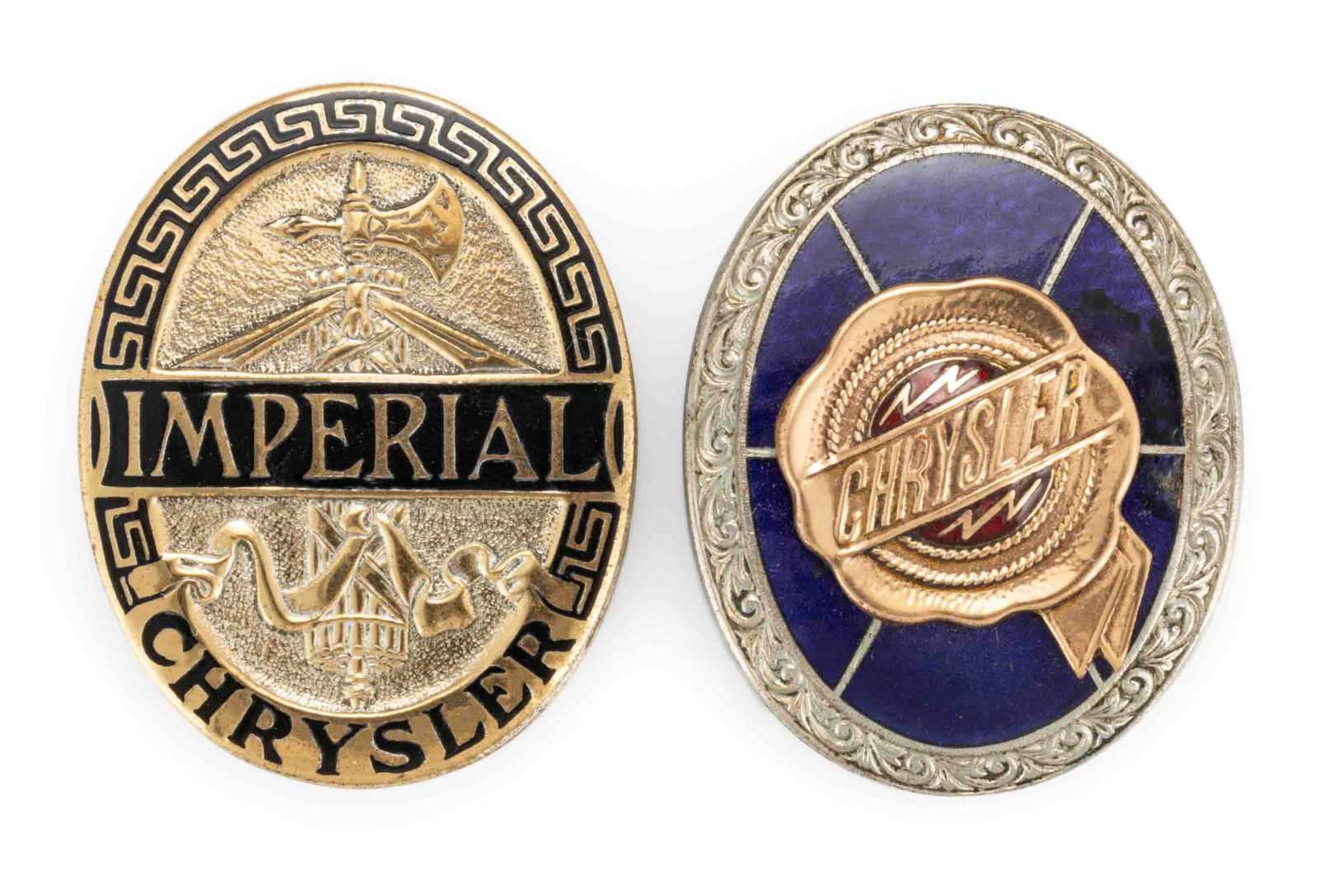 CHRYSLER MOTORS CORP. AUTOMOBILE / CAR / VEHICLE RADIATOR EMBLEMS, LOT OF TWO (1 of 2)