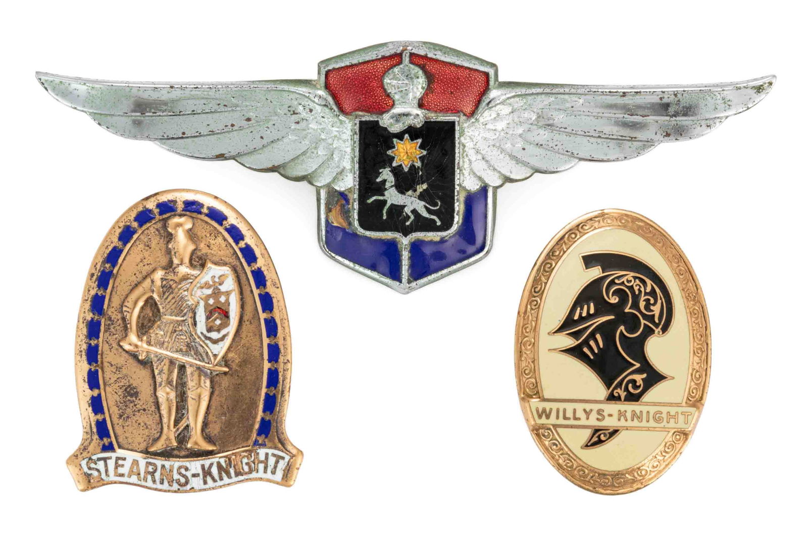 ASSORTED KNIGHT LOGO AUTOMOBILE / CAR / VEHICLE RADIATOR / GRILLE EMBLEMS, LOT OF THREE (1 of 2)