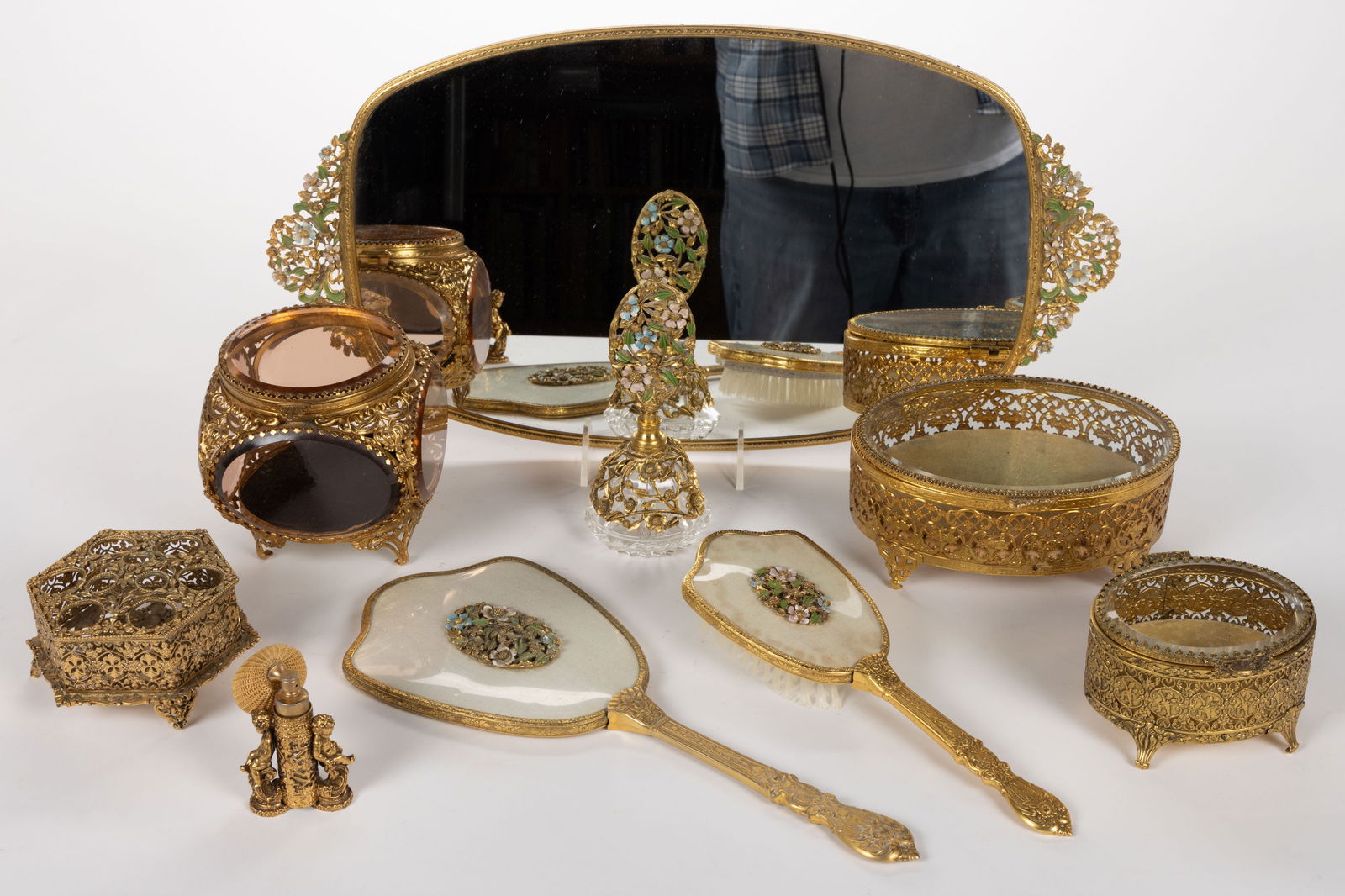 VINTAGE GILT-BRASS AND OTHER METALS DRESSER ARTICLES, LOT OF NINE (1 of 3)