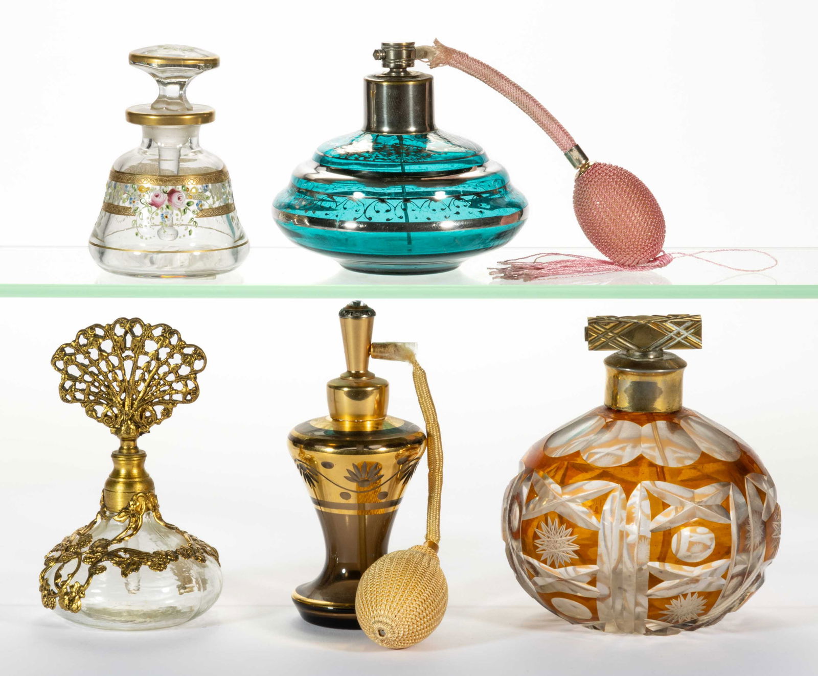 ASSORTED DECORATED GLASS DRESSER BOTTLES, LOT OF FIVE (1 of 1)