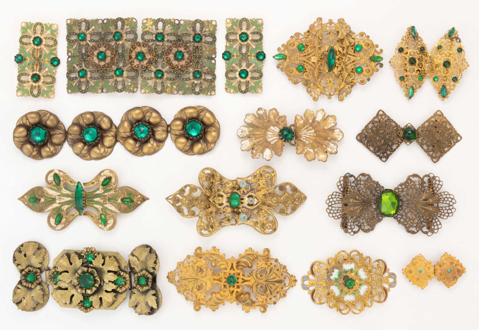 ANTIQUE / VINTAGE GREEN RHINESTONE METAL BELT OR DRESS BUCKLES, LOT OF 13 (1 of 3)