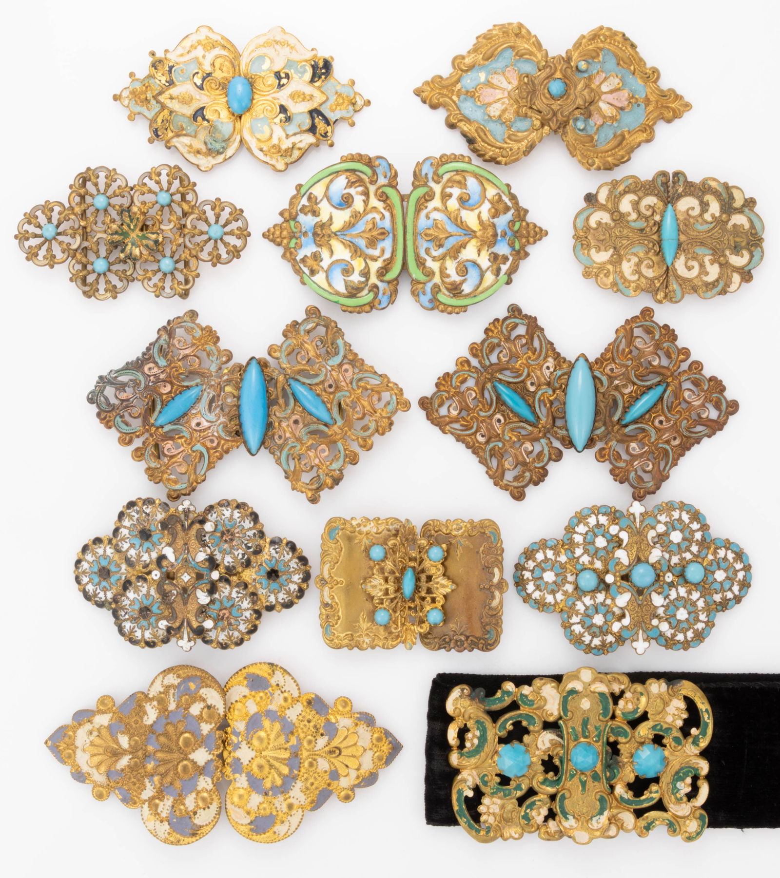 ANTIQUE / VINTAGE ENAMELED METAL BELT OR DRESS BUCKLES, LOT OF 12 (1 of 3)