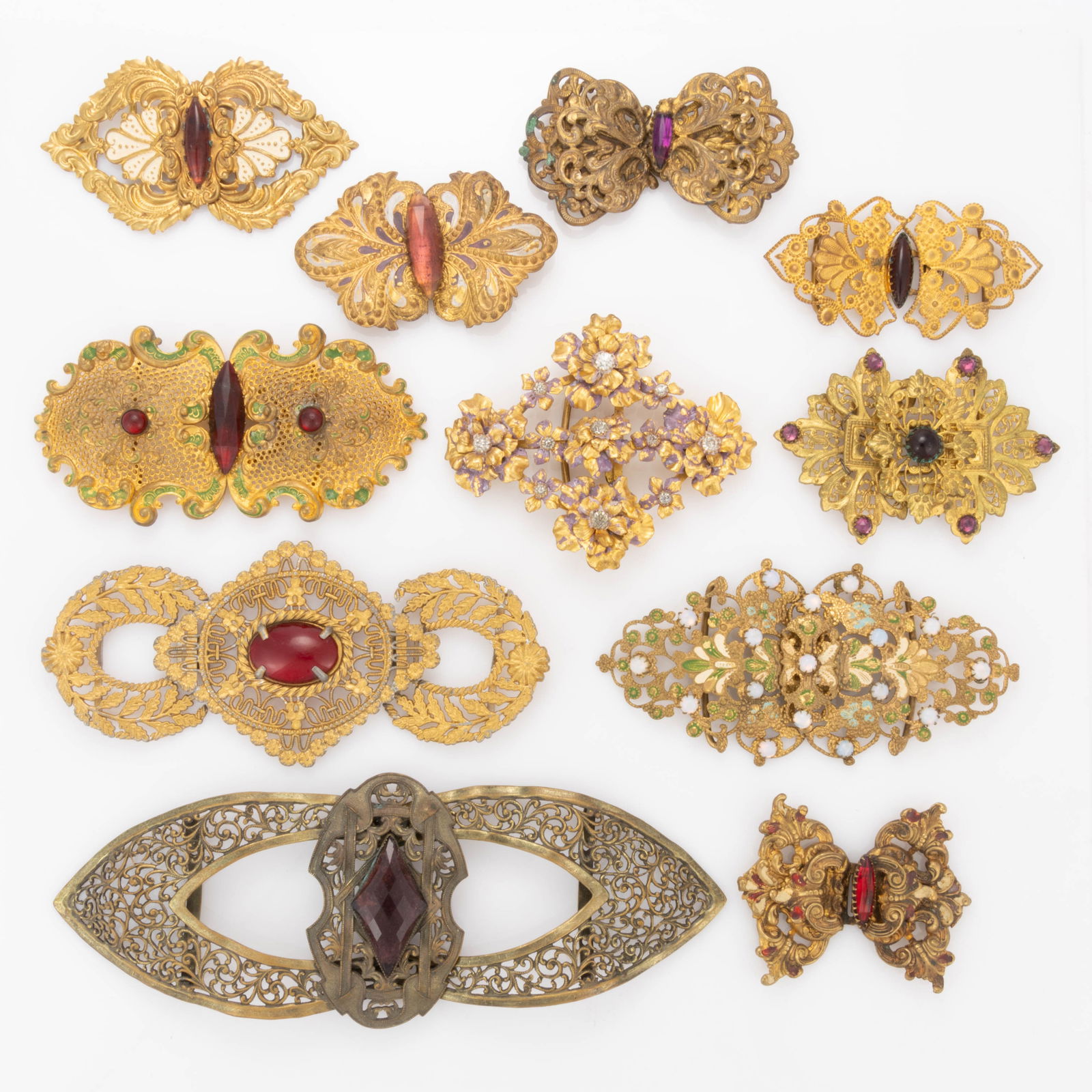 ANTIQUE / VINTAGE RHINESTONE METAL BELT OR DRESS BUCKLES, LOT OF 11 (1 of 3)