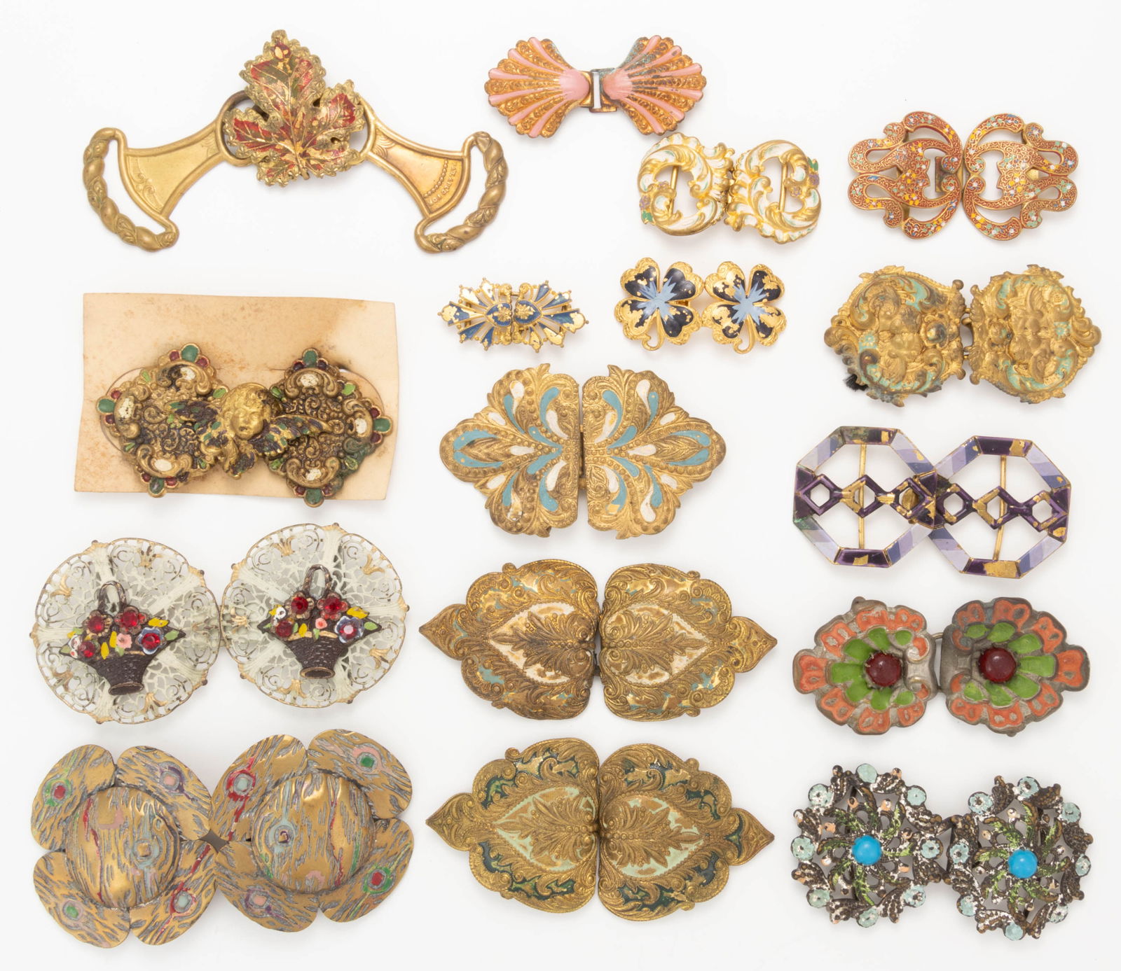 ANTIQUE AND VINTAGE ENAMELED METAL BELT OR DRESS BUCKLES, LOT OF 16 (1 of 3)