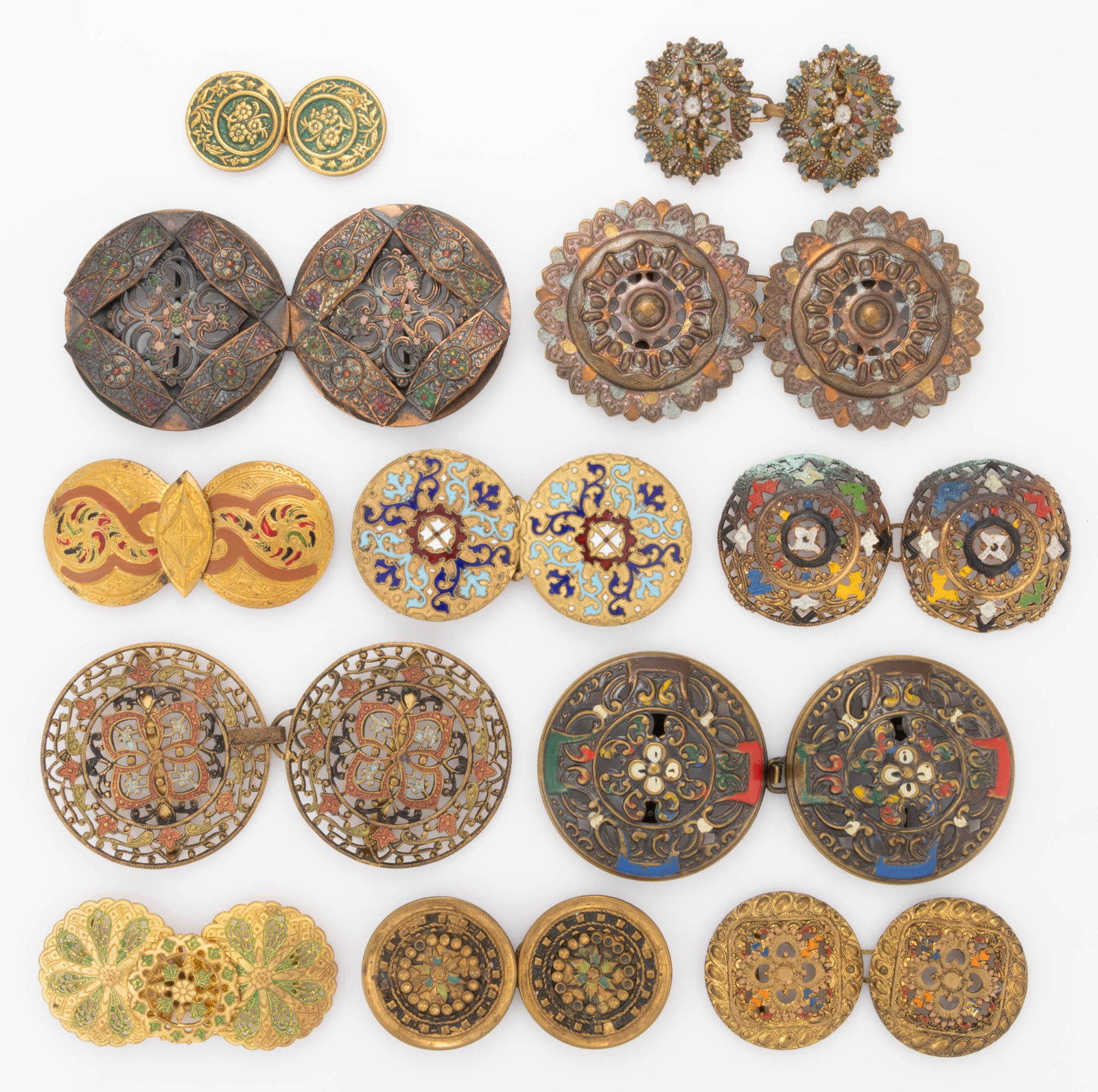 ANTIQUE AND VINTAGE ENAMELED METAL BELT OR DRESS BUCKLES, LOT OF 12 (1 of 3)