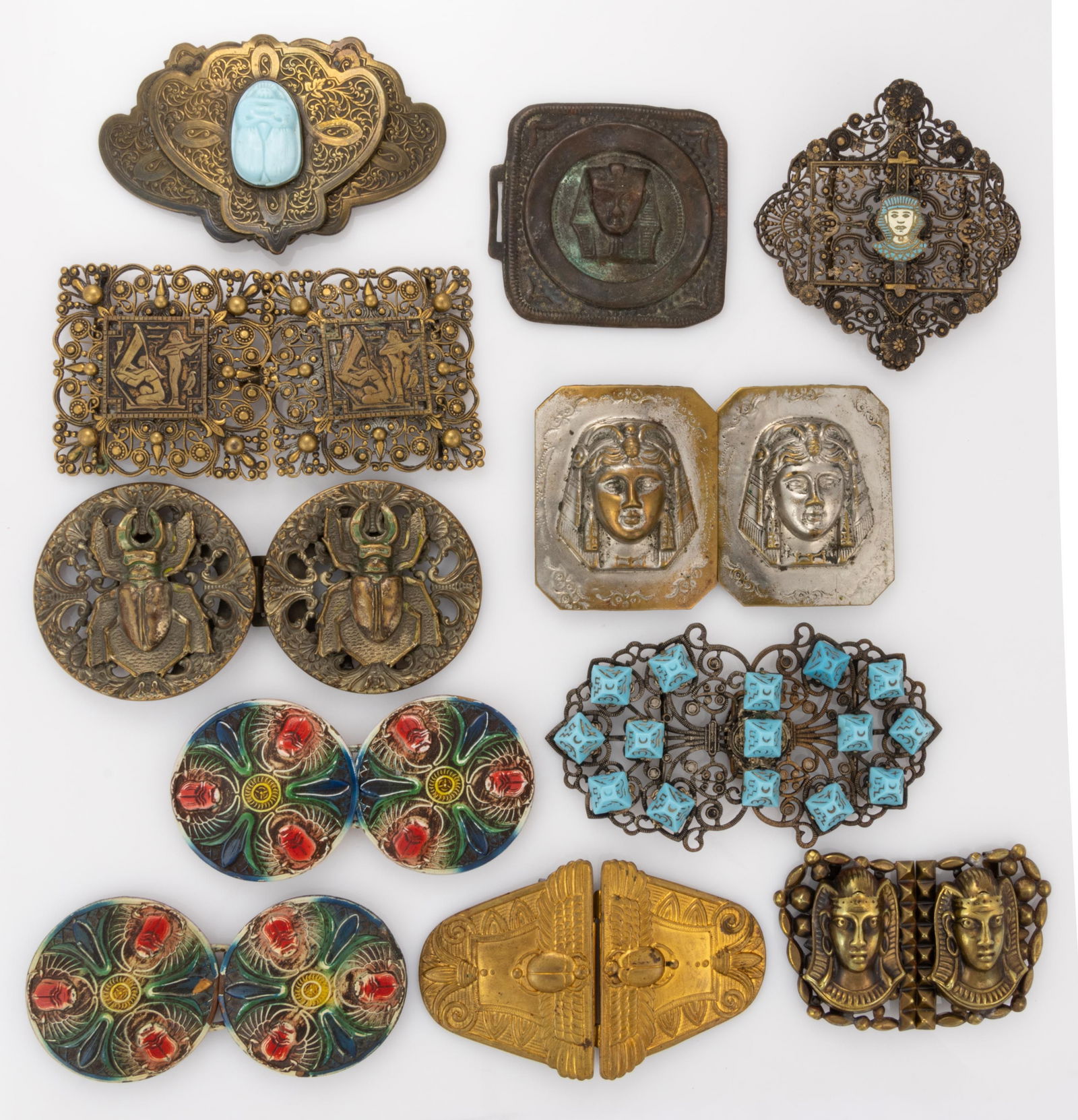 ANTIQUE EGYPTIAN REVIVAL METAL BELT OR DRESS BUCKLES, LOT OF 11 (1 of 3)