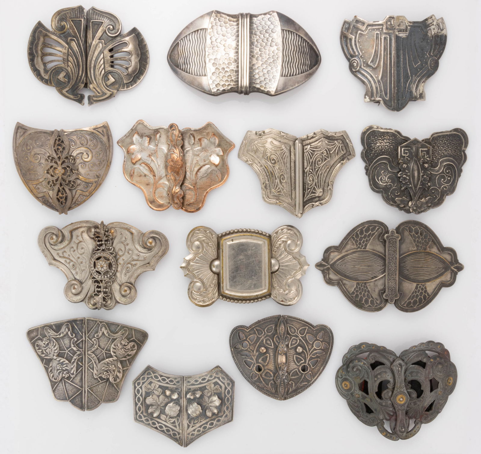 ANTIQUE AESTHETIC MOVEMENT AND OTHER SILVER-TONED METAL BELT OR DRESS BUCKLES, LOT OF 14 (1 of 3)