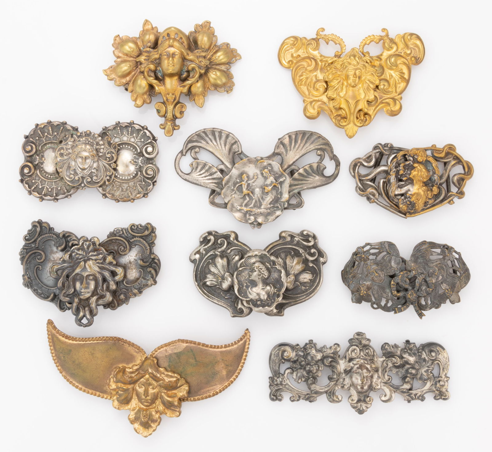 ANTIQUE ART NOUVEAU AND OTHER FIGURAL METAL BELT OR DRESS BUCKLES, LOT OF TEN (1 of 3)