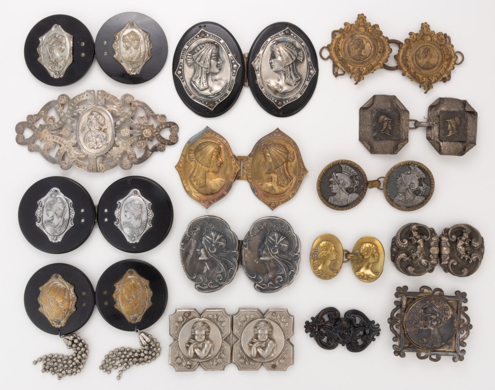 ANTIQUE ART NOUVEAU AND OTHER FIGURAL METAL BELT OR DRESS BUCKLES, LOT OF 15 (1 of 3)