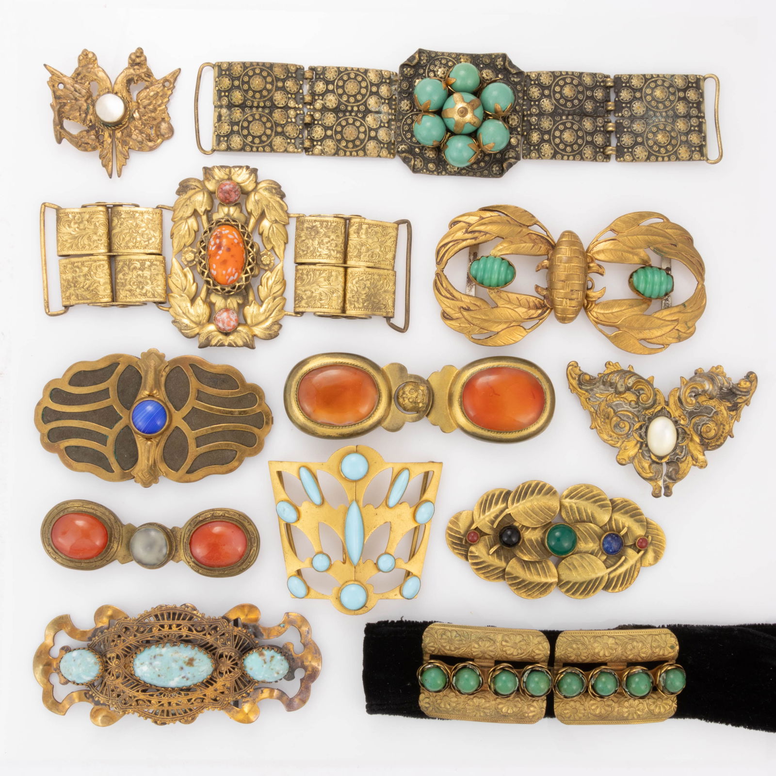 ANTIQUE / VINTAGE STONE, RHINESTONE, AND OTHER METAL BELT OR DRESS BUCKLES, LOT OF 12 (1 of 3)