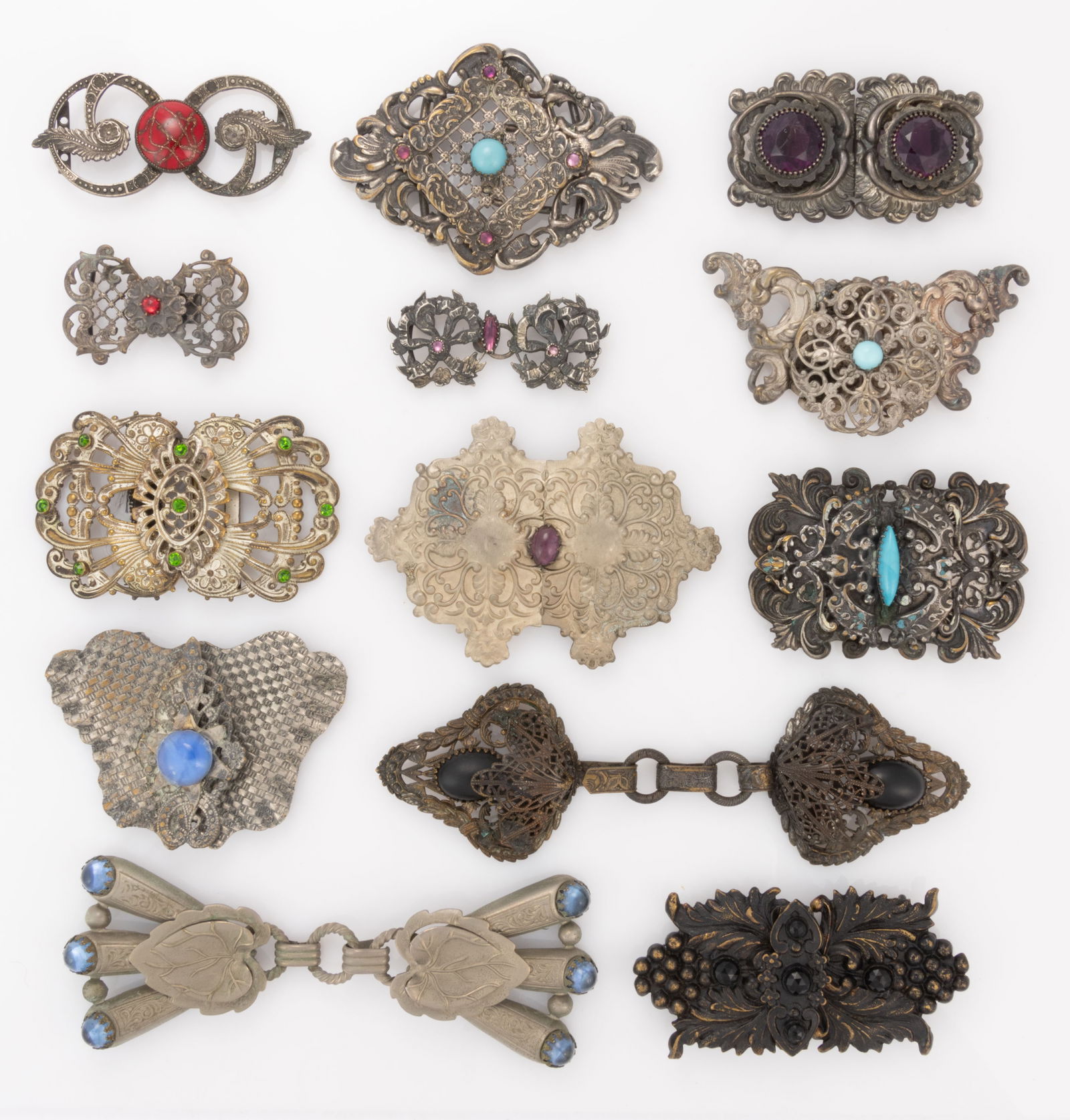ANTIQUE AND VINTAGE GLASS STONE / RHINESTONE METAL BELT OR DRESS BUCKLES, LOT OF 13 (1 of 3)