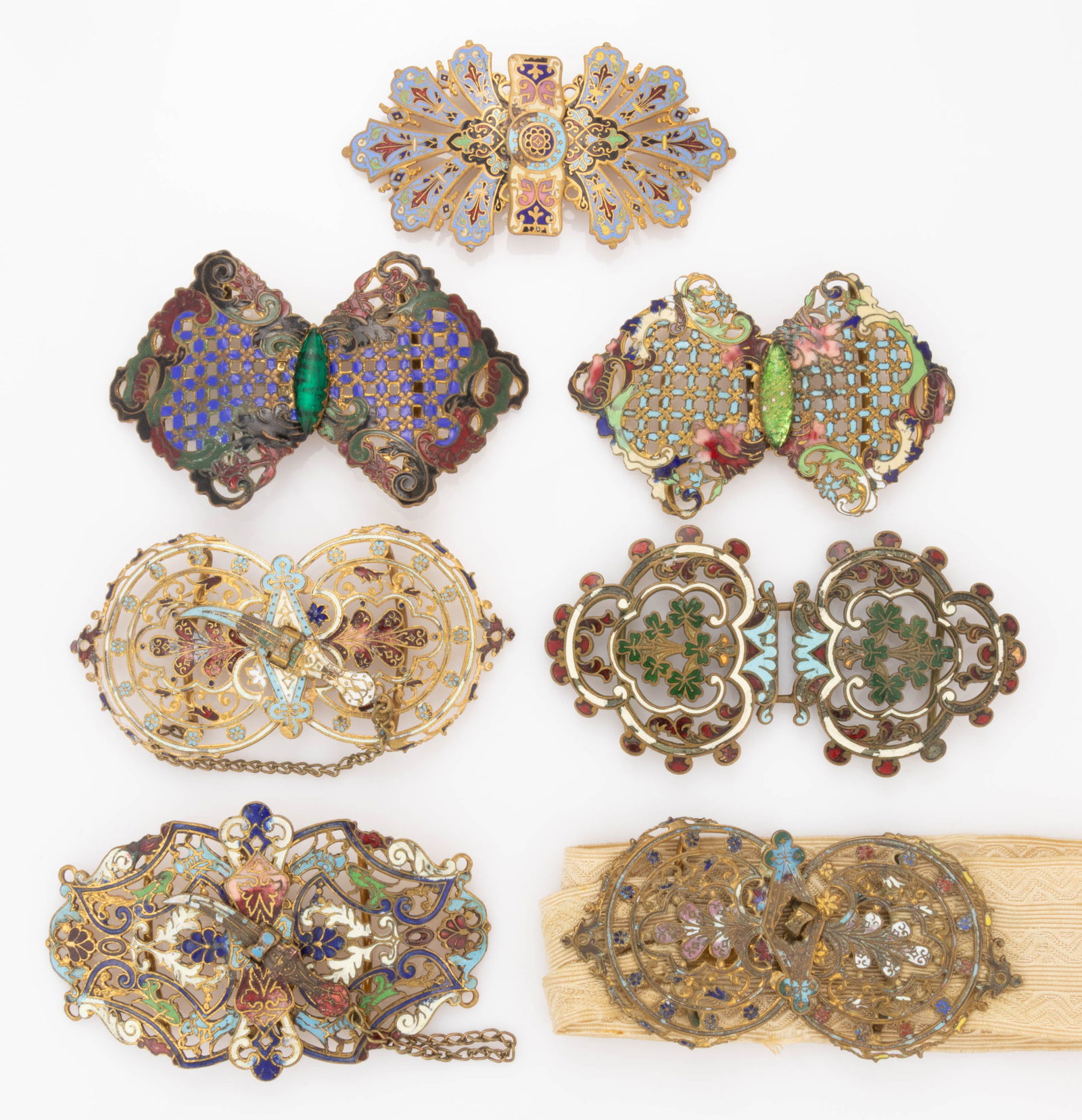 ANTIQUE ENAMELED OPENWORK METAL BELT OR DRESS BUCKLES, LOT OF SEVEN (1 of 3)