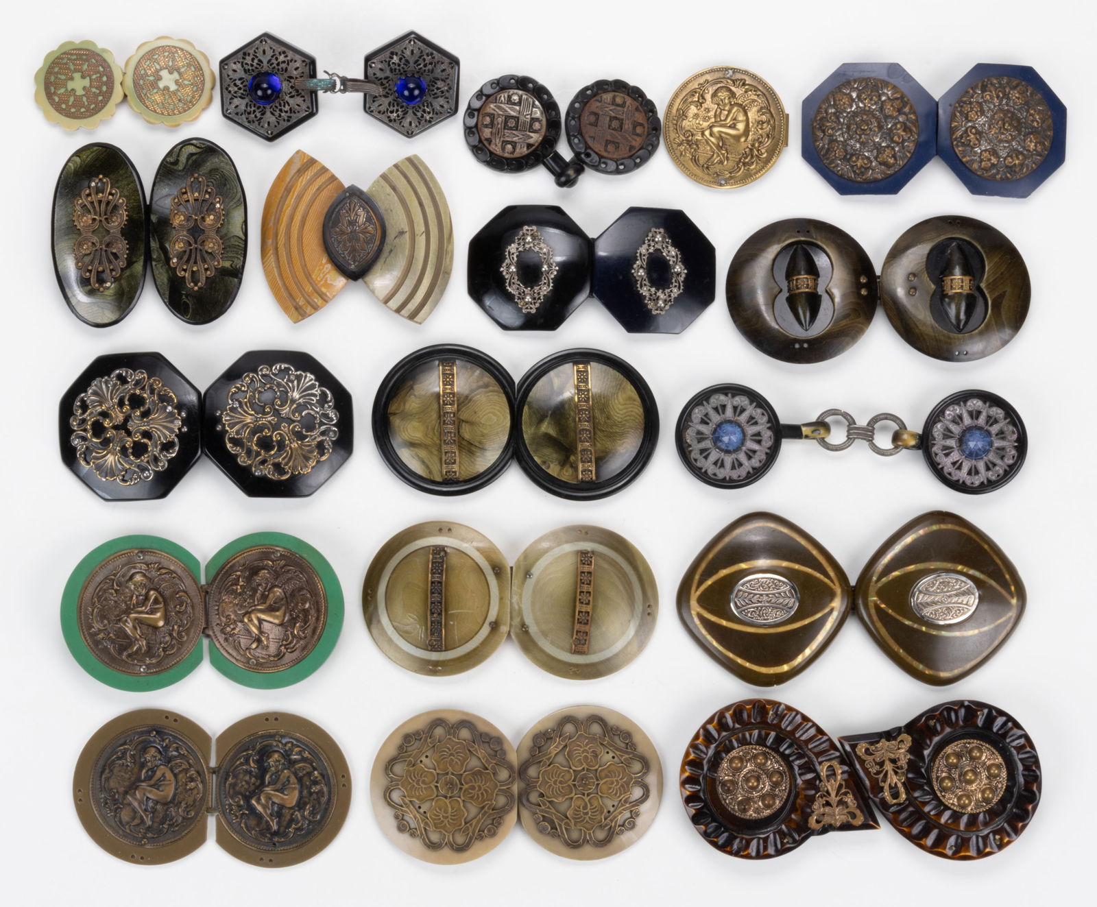 ANTIQUE / VINTAGE METAL-ACCENTED PLASTIC BELT OR DRESS BUCKLES, LOT OF 16 (1 of 3)