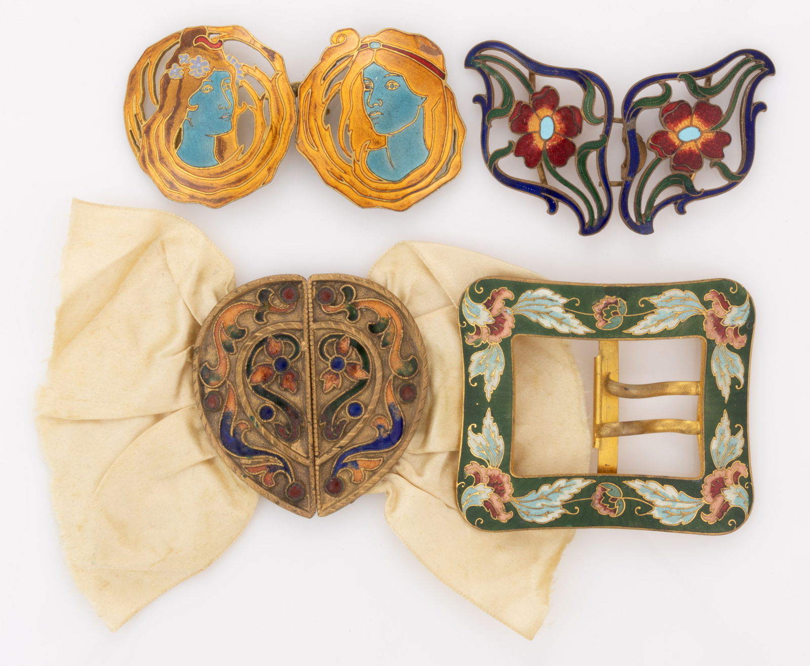 ANTIQUE ART NOUVEAU ENAMELED METAL BELT OR DRESS BUCKLES, LOT OF FOUR (1 of 3)