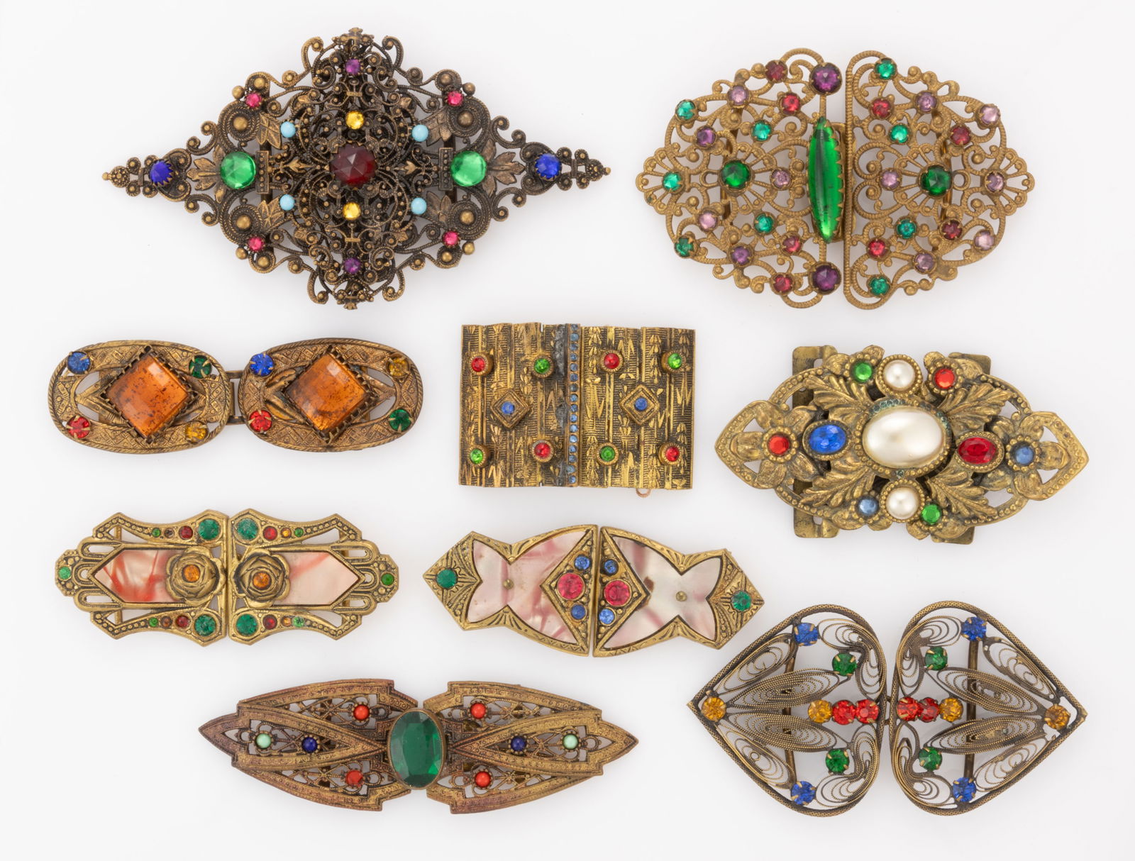 ANTIQUE / VINTAGE ART DECO AND OTHER RHINESTONE METAL BELT OR DRESS BUCKLES, LOT OF NINE (1 of 3)