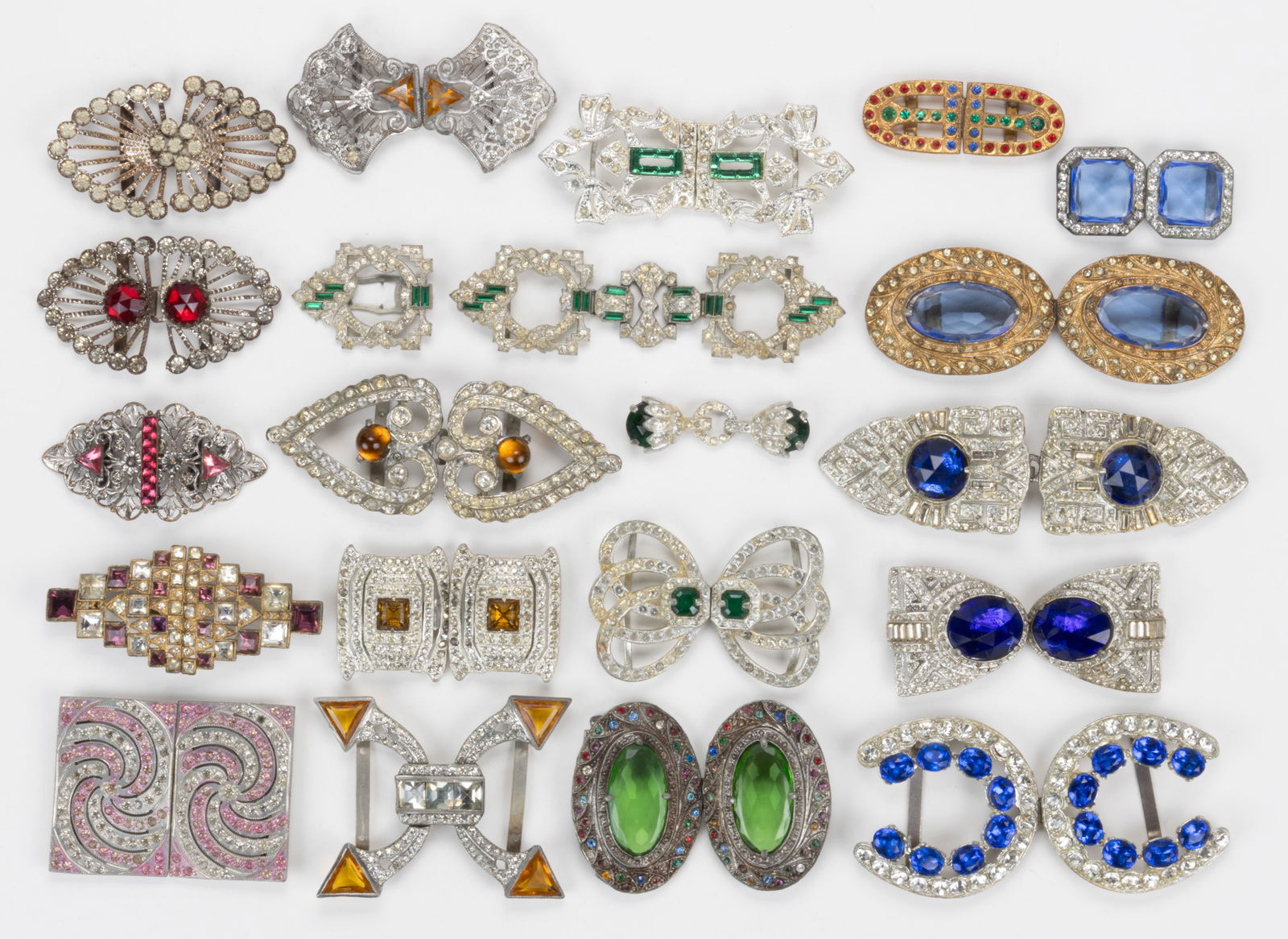 ANTIQUE / VINTAGE ART DECO AND OTHER RHINESTONE METAL BELT / DRESS BUCKLES AND DRESS CLIP, LOT OF 21 (1 of 3)