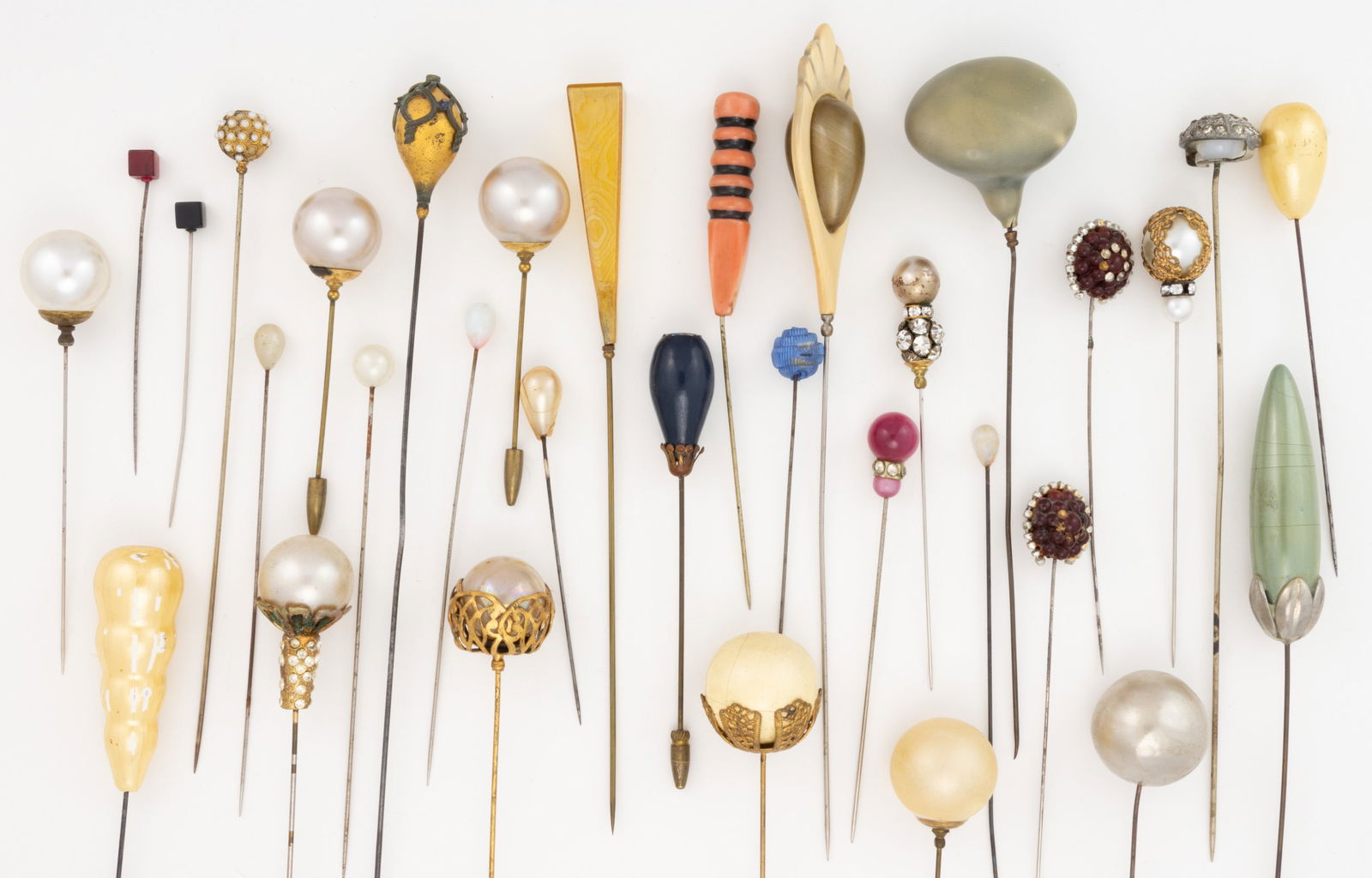 ANTIQUE / VINTAGE ASSORTED MATERIALS HATPINS, AND POSSIBLY STICK PINS, LOT OF 32 (1 of 4)
