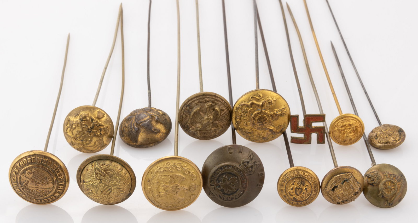 ANTIQUE / VINTAGE UNITED STATES (U.S.) MILITARY AND OTHER BUTTON HATPINS, LOT OF 13: ANTIQUE / VINTAGE UNITED STATES (U.S.) MILITARY AND OTHER BUTTON HATPINS, LOT OF 13, each button with applied pin, most with loop removed, including two U.S. Navy buttons, a Pennsylvania National Guar