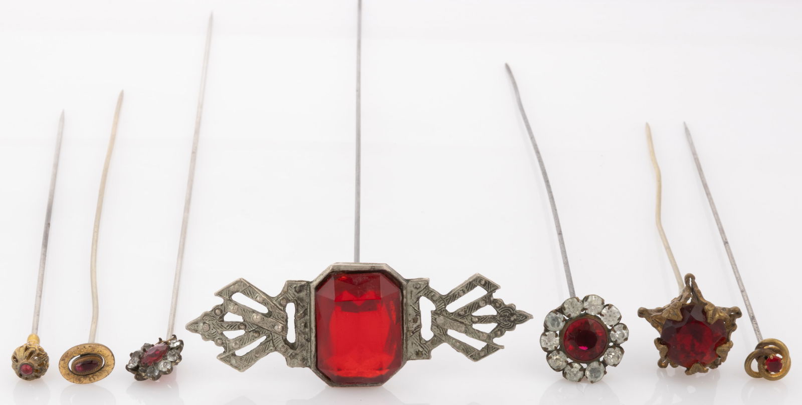 ANTIQUE / VINTAGE RED OR PINK GLASS / RHINESTONE HATPINS, LOT OF SEVEN (1 of 3)