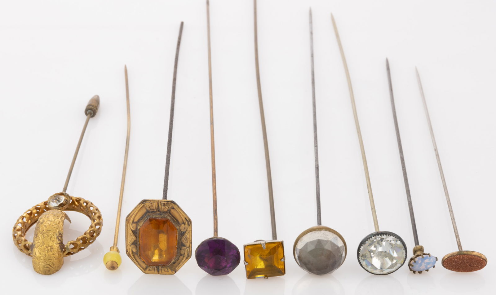 ANTIQUE / VINTAGE GLASS AND RHINESTONE HATPINS, LOT OF EIGHT (1 of 3)