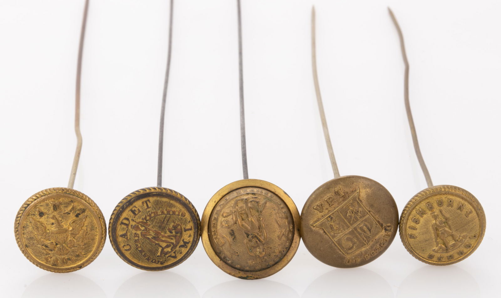 POST-CIVIL WAR / ANTIQUE AND VINTAGE VIRGINIA MILITARY AND SCHOOL BUTTON HATPINS, LOT OF FIVE (1 of 2)