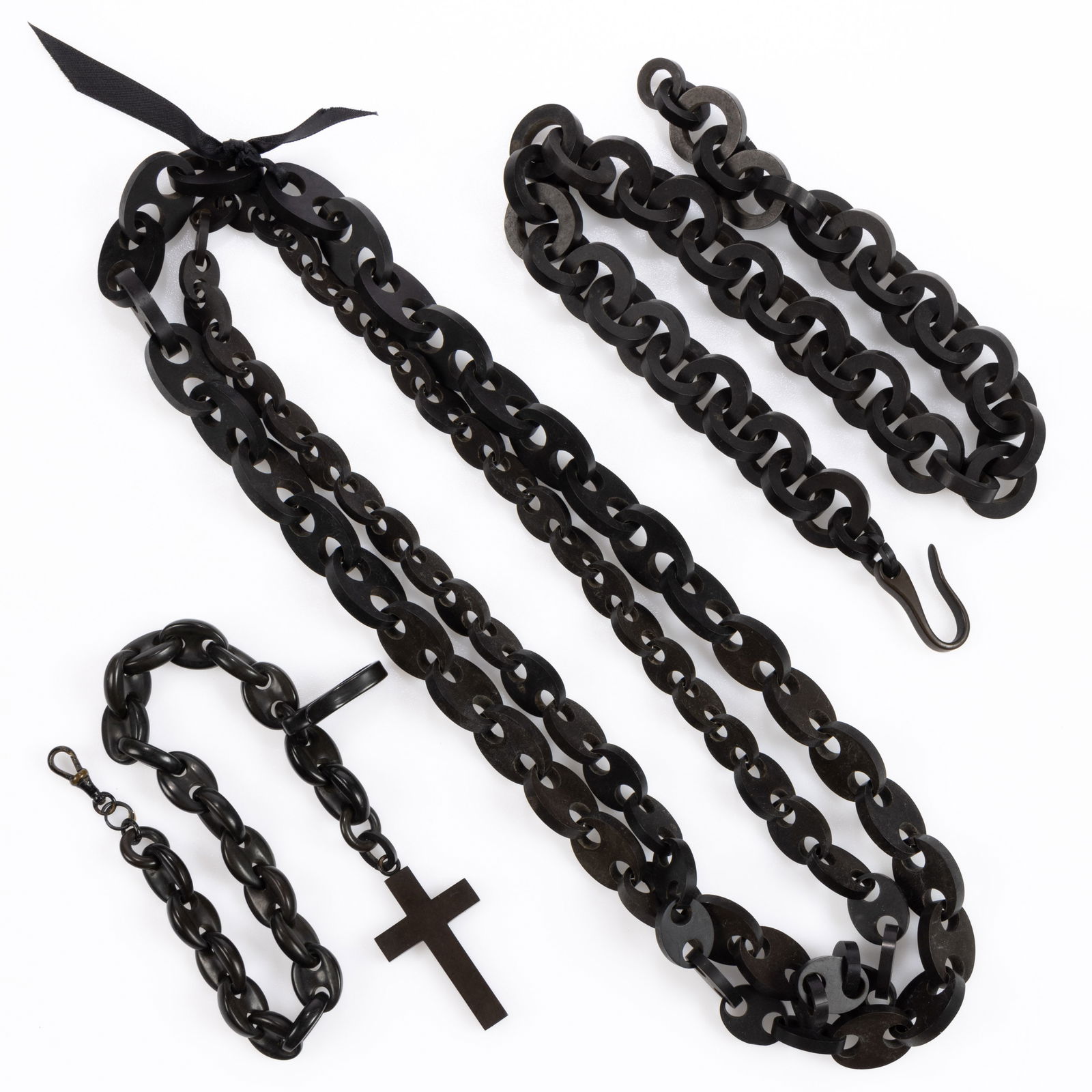 VICTORIAN ANTIQUE VULCANITE MOURNING / FASHION NECKLACE AND WATCH CHAINS, LOT OF THREE (1 of 1)