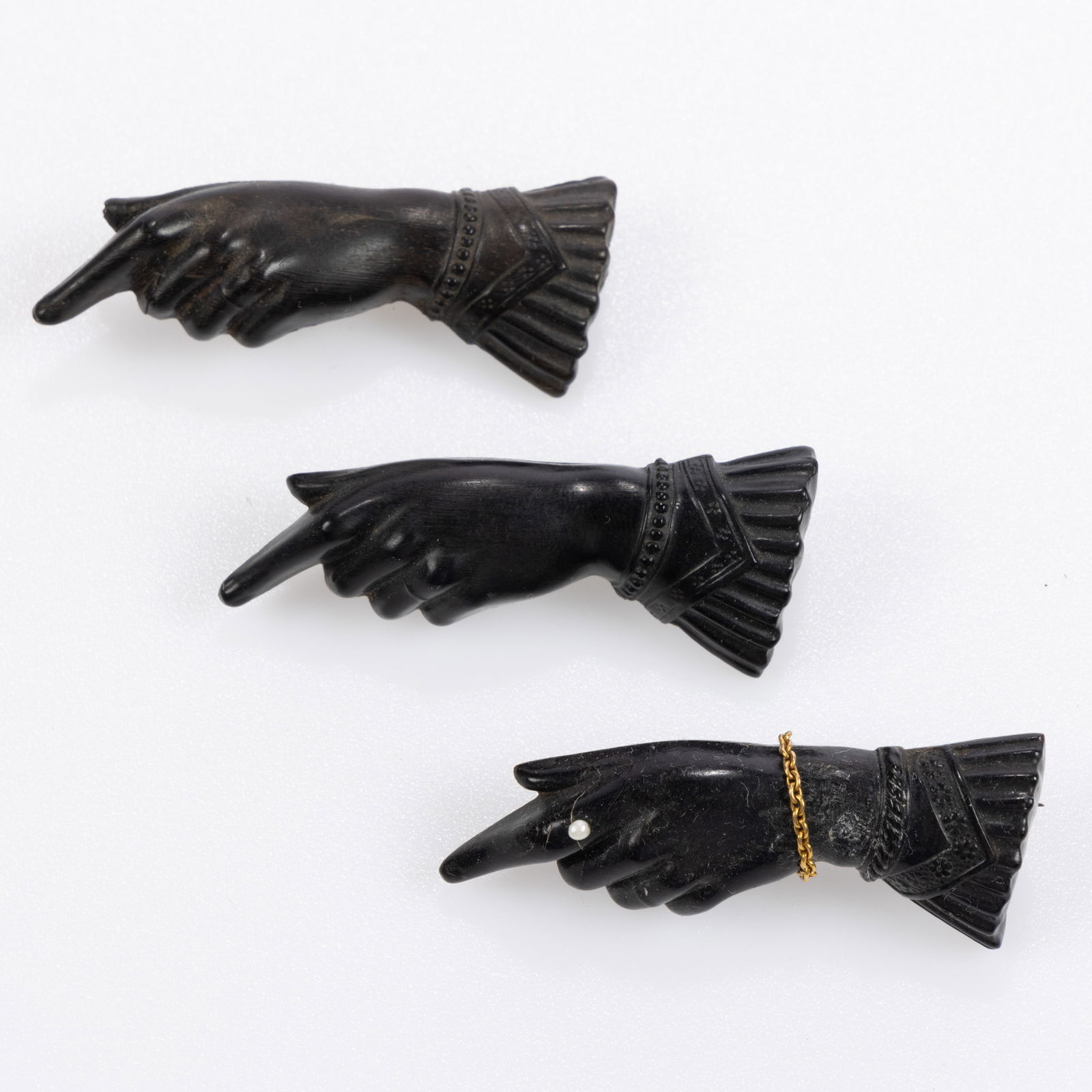 VICTORIAN ANTIQUE GUTTA PERCHA / VULCANITE FIGURAL HAND MOURNING / FASHION BROOCHES, LOT OF THREE (1 of 1)