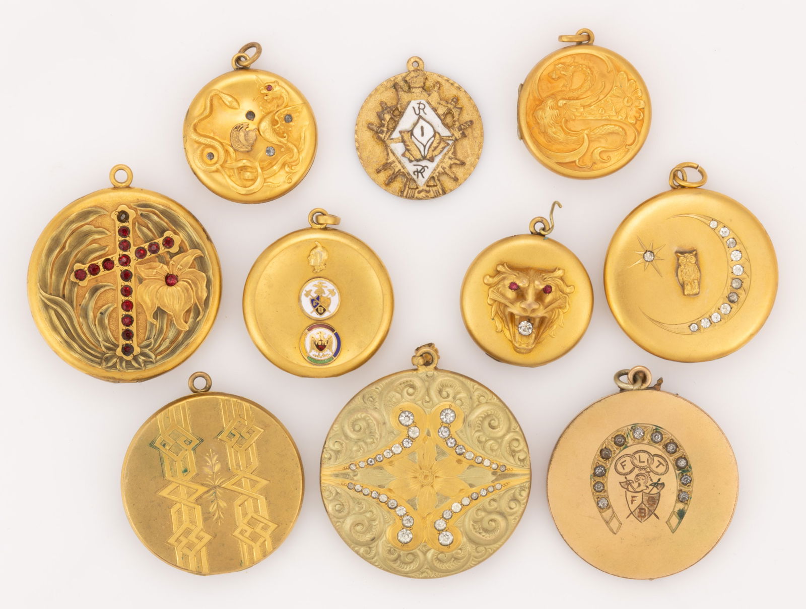 ANTIQUE / VINTAGE KNIGHTS OF PYTHIAS FRATERNAL LOCKETS / WATCH FOBS, LOT OF TEN (1 of 2)