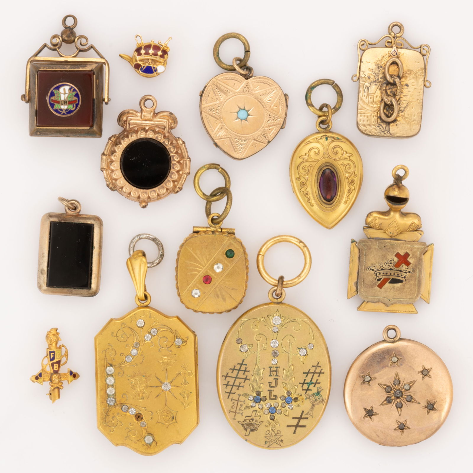 ANTIQUE / VINTAGE KNIGHTS OF PYTHIAS FRATERNAL LOCKETS / WATCH FOBS AND OTHER JEWELRY, LOT OF 13 (1 of 2)