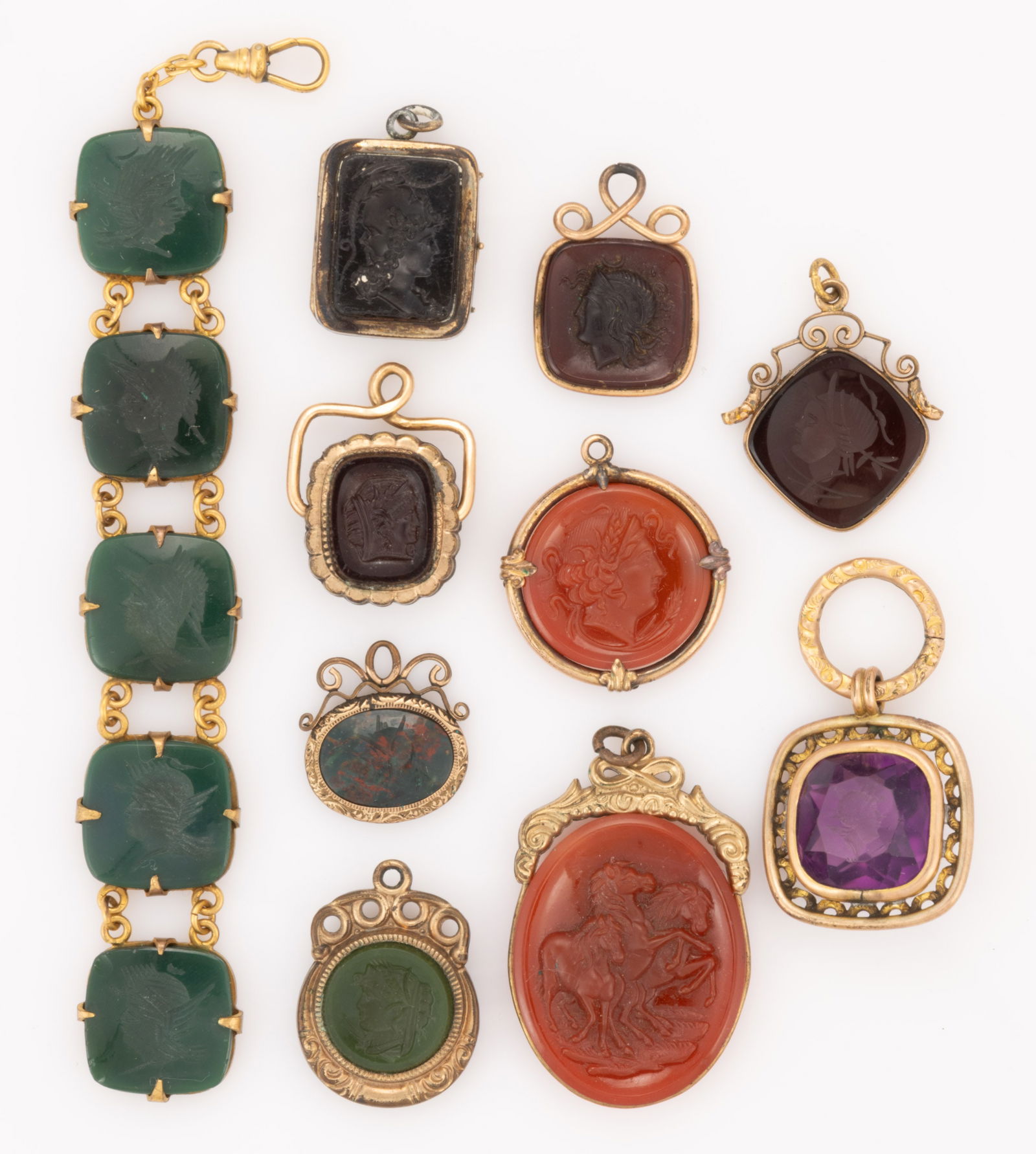 ANTIQUE / VINTAGE STONE / GLASS CAMEO AND INTAGLIO WATCH FOBS / PENDANTS, LOT OF TEN (1 of 1)