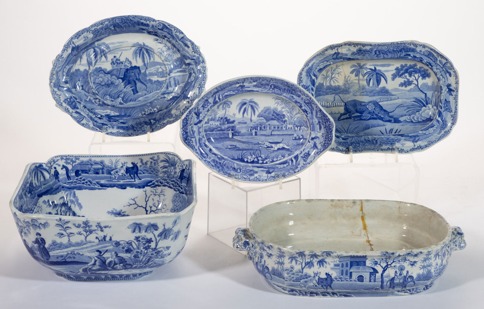 STAFFORDSHIRE SPODE TRANSFER-PRINTED CERAMIC TABLE ARTICLES, LOT OF FIVE (1 of 5)