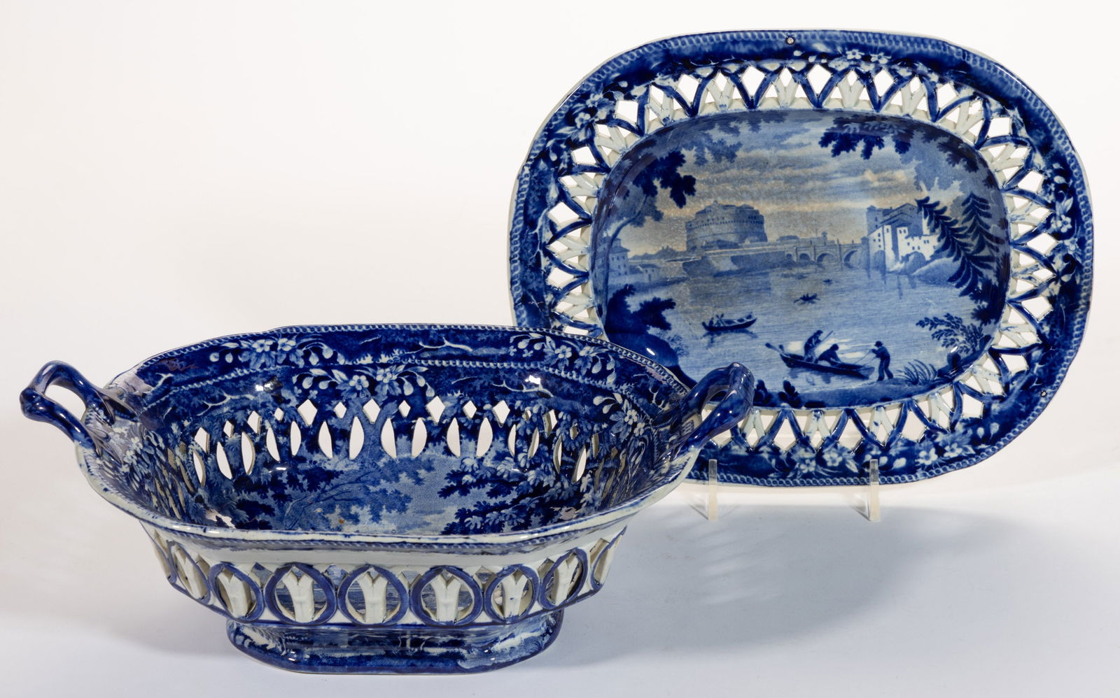 STAFFORDSHIRE ITALIAN VIEW TRANSFER-PRINTED CERAMIC RETICULATED BASKET AND STAND (1 of 5)
