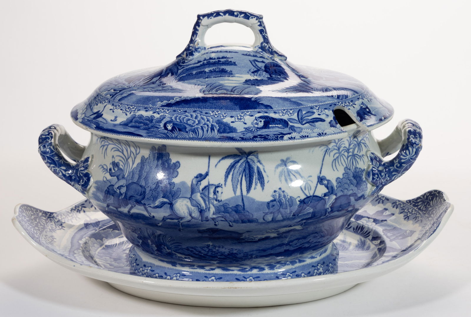 STAFFORDSHIRE TRANSFER-PRINTED INDIAN SPORTING SERIES CERAMIC SOUP TUREEN AND UNDERTRAY (1 of 9)