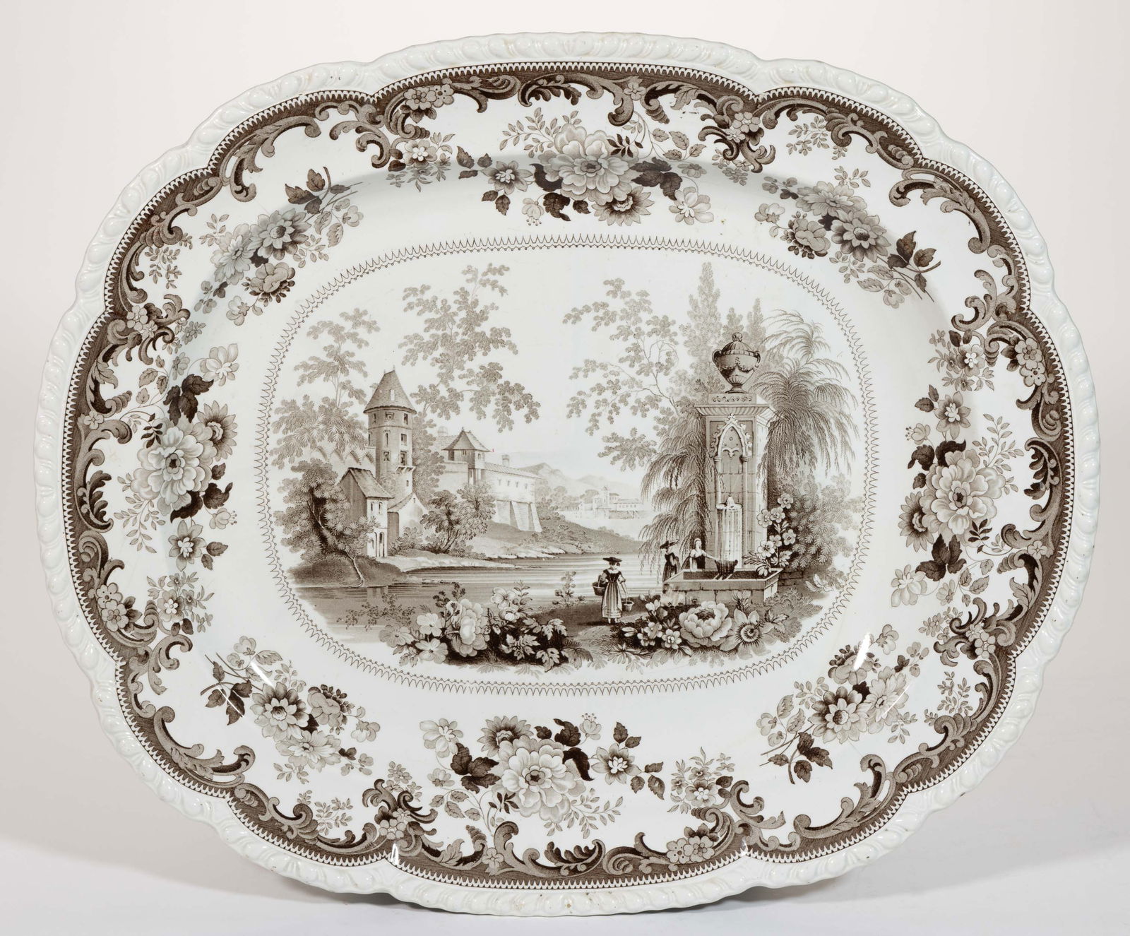 ENGLISH LIVERPOOL TRANSFER-PRINTED ROMANTIC MOTIF CERAMIC WELL-AND-TREE PLATTER (1 of 2)