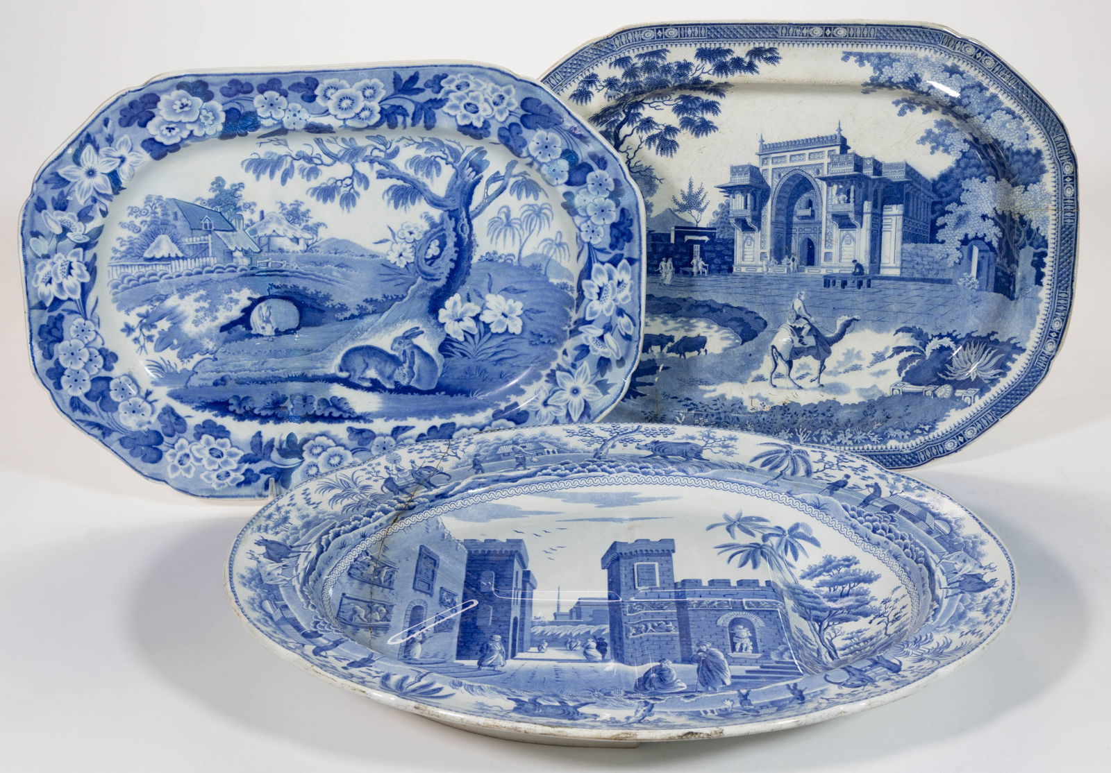 STAFFORDSHIRE TRANSFER-PRINTED CERAMIC PLATTERS, LOT OF THREE (1 of 7)