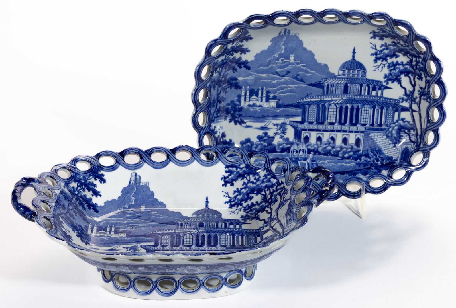 STAFFORDSHIRE INDIA VIEW TRANSFER-PRINTED CERAMIC RETICULATED BASKET AND STAND (1 of 5)