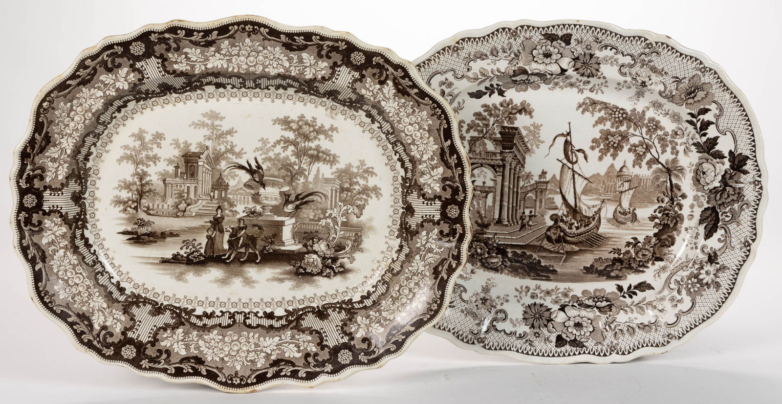 STAFFORDSHIRE TRANSFER-PRINTED ROMANTIC MOTIF CERAMIC PLATTERS, LOT OF TWO (1 of 5)